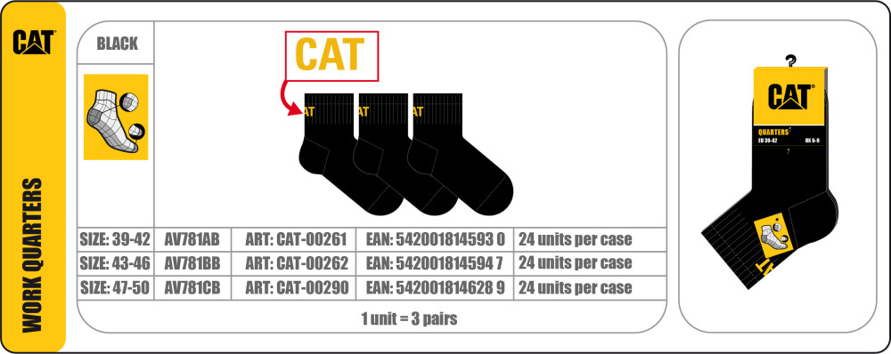 Caterpillar CAT AV781A 3ppk RVID MUNKAZOKNI, FEKETE Unisex zokni - SM-CAT-00261